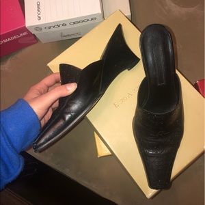 Black leather wedges